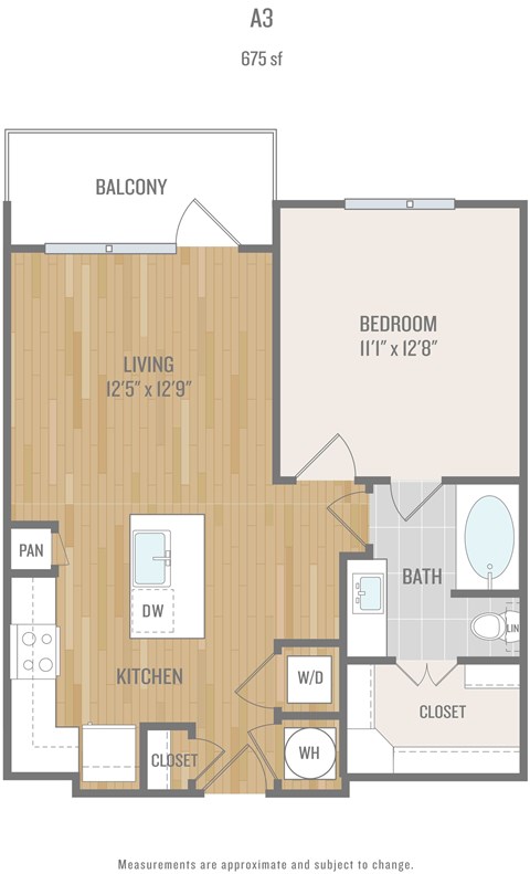 Floor plan for 1 bed, 1 bath, 675 sqft